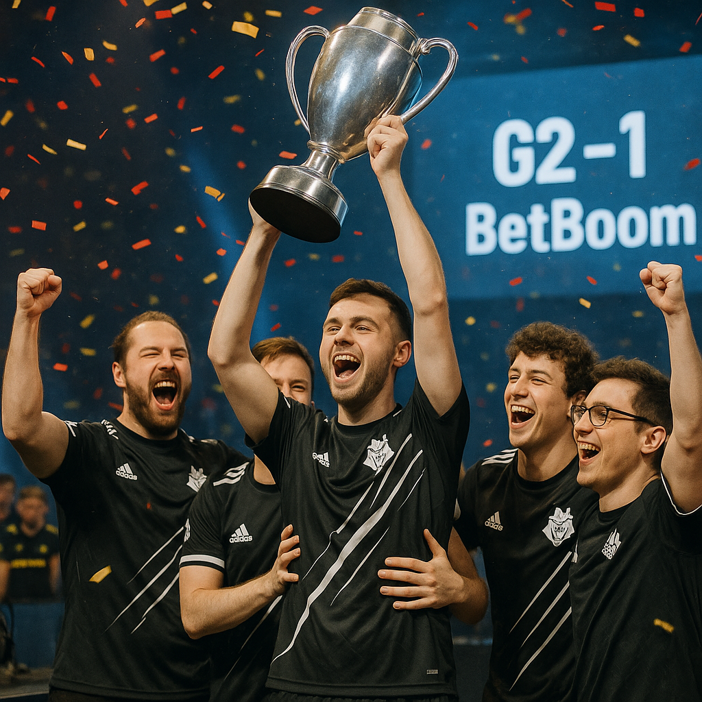 G2 Esports lift a trophy on a Spanish CS2 stage after a 2–1 win